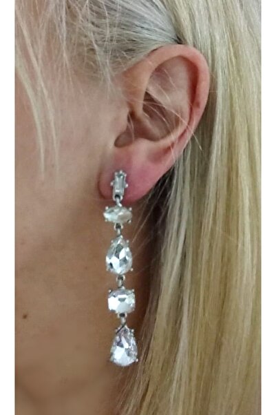 mos&more Gümüş Beyaz Taşlı Sallantılı Uzun Abiye Kadın Küpe