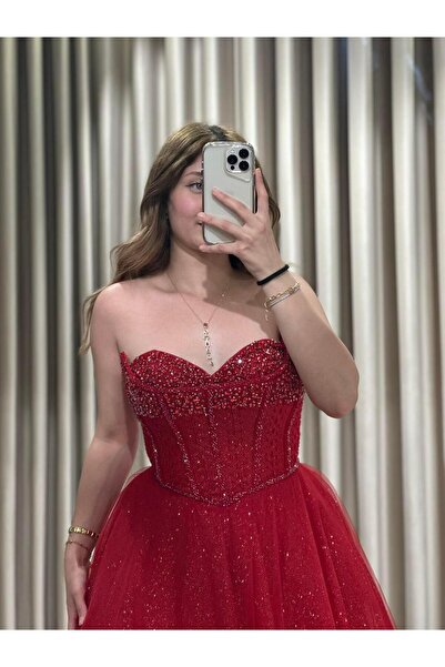 Kaleiçi Yıldızlar Kırmızı Çift Yaka Prenses Model Nişanlık-Abiye
