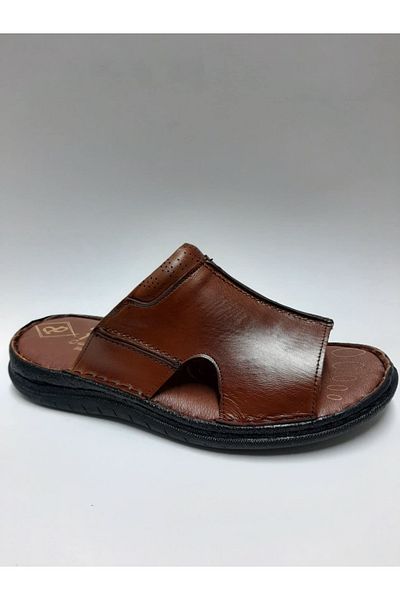 PEKER Genuine Leather Tan Color Daily Open Toe Comfortable Sole Men's Slippers
