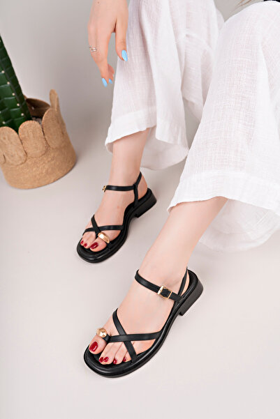 tusemmoda Sandale de damă Tusemoda cu detaliu inel de aur negru