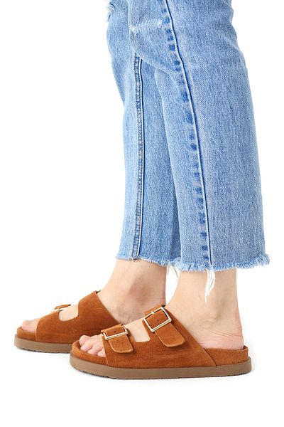 SOFT Women's Tan Suede Buckle Orthopedic Daily Slippers–Comfortable Sole Summer Sandals Stylish and Comfortable