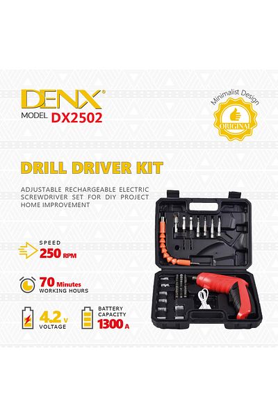 Denx 4.2V Rechargeable Electric Screwdriver Kit with 1300mAh Battery and 40+ Accessories - DX2502
