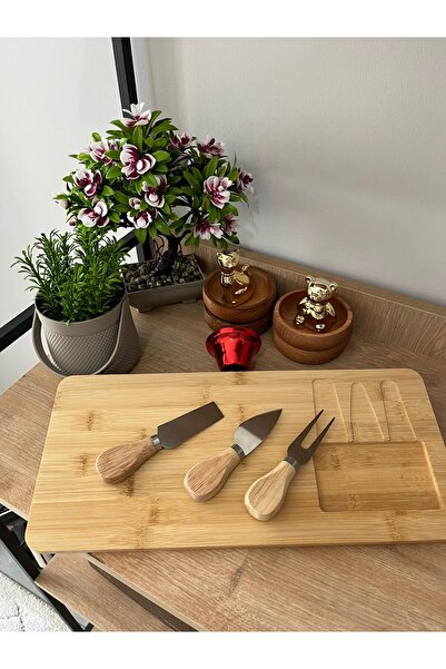 LİNGO HOME Doğal Bambu, Peynir Sunum Tabağı & Bıçak Seti 38X17CM