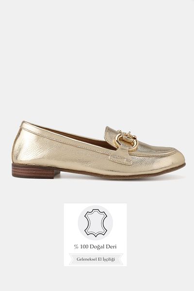 TUNAELLİ Women's Gold Khaki Natural Leather 36-41 Number Buckle Ballet