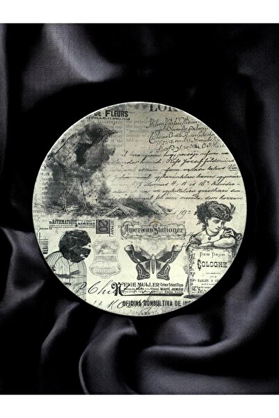 unique florya Siyah Beyaz Vintage El Yazısı Desenli Duvar Tabağı Dekoratif Ta...