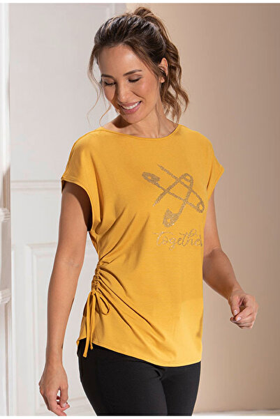 YXL COLLECTION Women's Plus Size Boat Neck Off Shoulder Mom T-Shirt Blouse - Mustard
