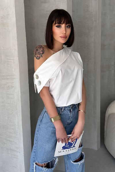 New Now Cămașă de designer fără mâneci, cu detaliu cu nasturi, cu guler încrucișat