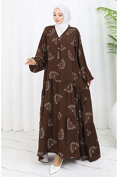 sefamerve Viskon Kumaş Desenli Düğmeli Elbise 0088-01 Kahverengi