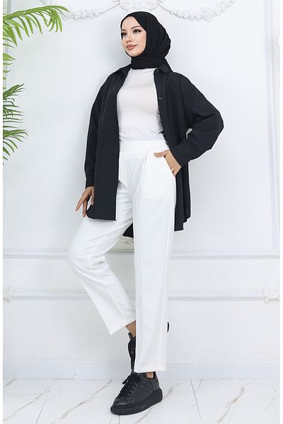 sefamerve Elastic Waist Carrot Trousers 4002-06 Ecru