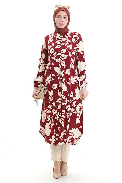 sefamerve Μακρύ τουνίκ με κουμπιά 0095-01 Claret Red Beige