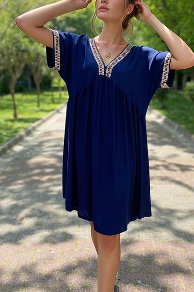 bacc Navy Blue Embroidery Border Detailed Comfortable Fit Viscon Woven Dress Bcvl-2530000