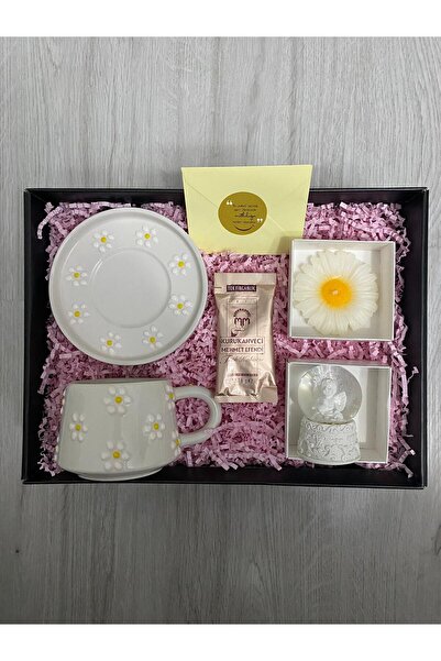 hediport Papatya Desenli Seramik Kupa Bardak - Kupa Tabağı - Melek Kar Küresi (7cm) - Mum - Kahve - Notunuz