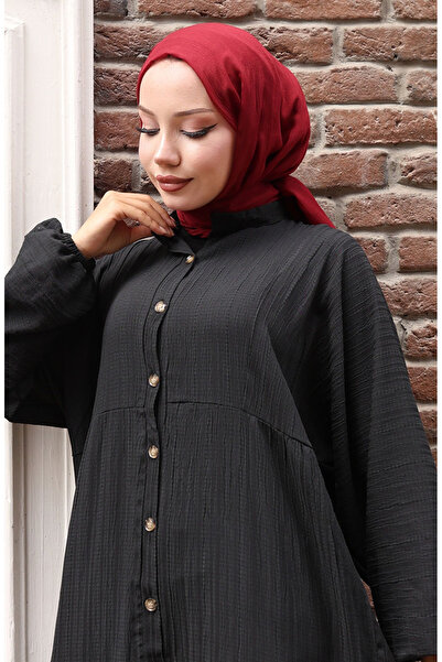 sefamerve Φόρεμα με μισό κουμπί με λαβή ελαστικό 2074-03 Μαύρο