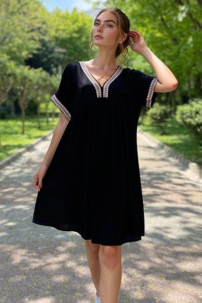bacc Black Embroidery Border Detail Comfortable Fit Viscon Woven Dress Bcvl-2530000