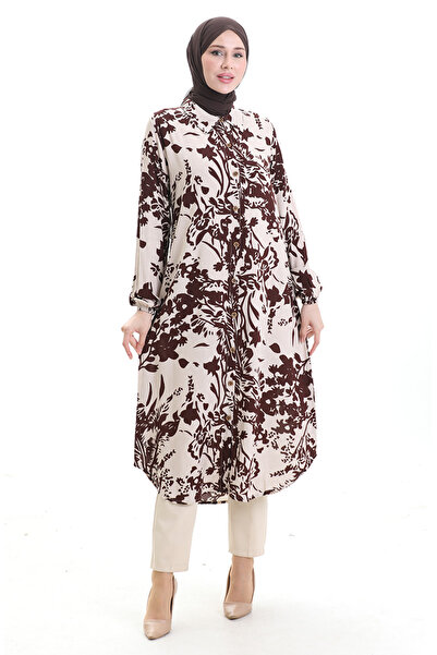 sefamerve Boydan Düğmeli Desenli Uzun Tunik 0094-02 Kahverengi Bej