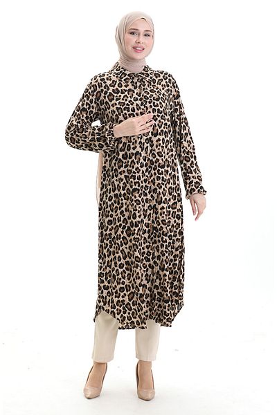 sefamerve Μακρύ τουνίκ με σχέδιο Leopard 0093-01 Καφέ