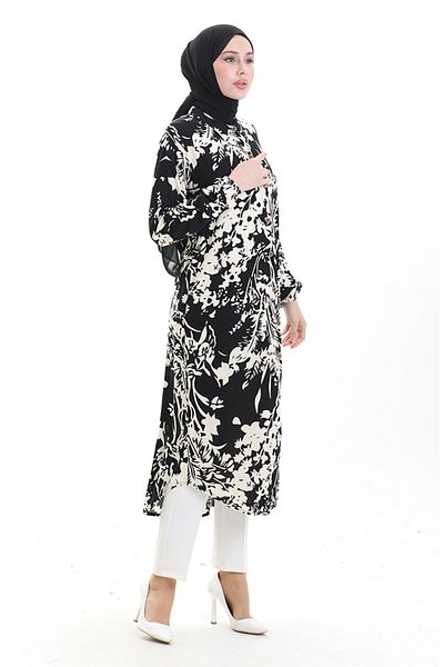 sefamerve Full Button Patterned Long Tunic 0094-01 Black Beige