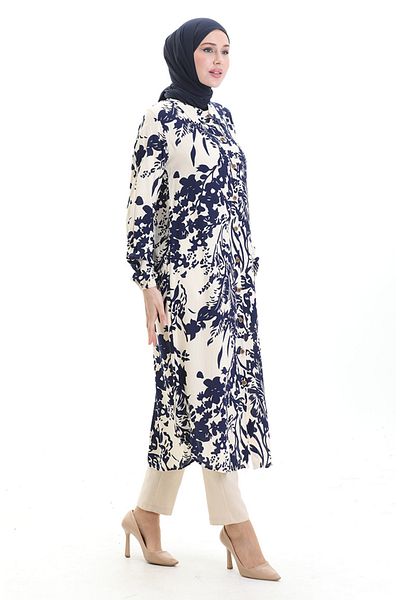 sefamerve Full Buttoned Patterned Long Tunic 0094-03 Navy Blue Beige