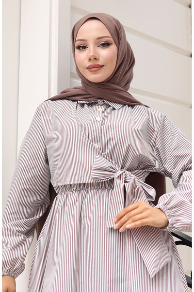 sefamerve Terikoton Half Button Striped Dress 0102-04 Brown