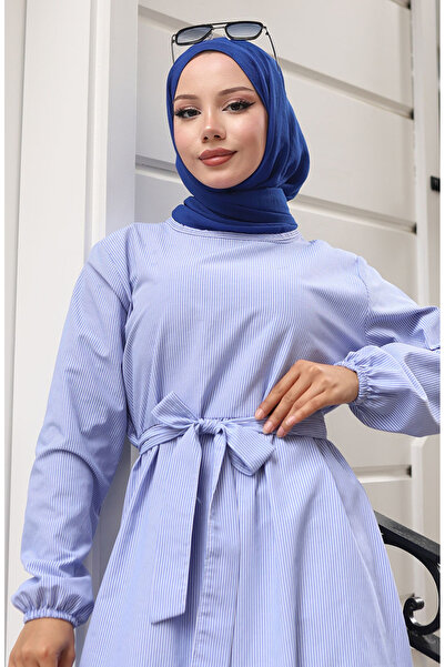 sefamerve Terikoton Çizgili Elbise 0100-01 Lacivert