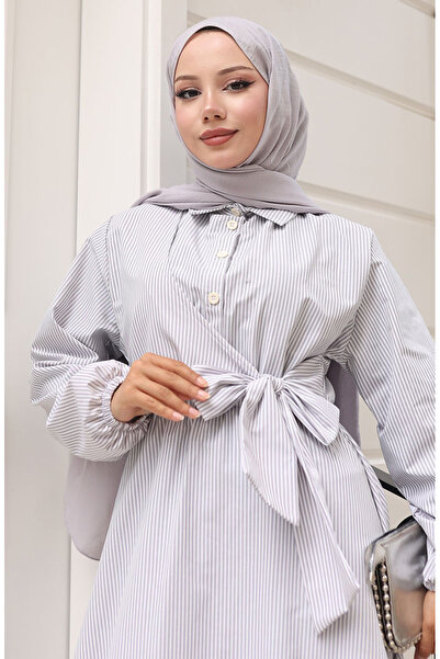 sefamerve Terikoton Half Button Striped Dress 0102-02 Gray