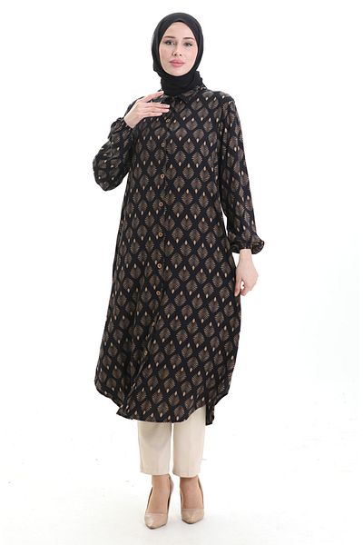 sefamerve Full Buttoned Long Tunic 0092-01 Black Mink