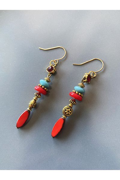 dela otantik Ethnic Women's Earrings with Beaded Natural Stones– Authentic Bohemian Vintage Dangle Long Earrings - Designer Jewelry