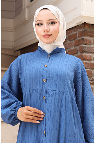 sefamerve Φόρεμα με μισό κουμπί με λαστιχένια μανίκια 2074-04 Indigo