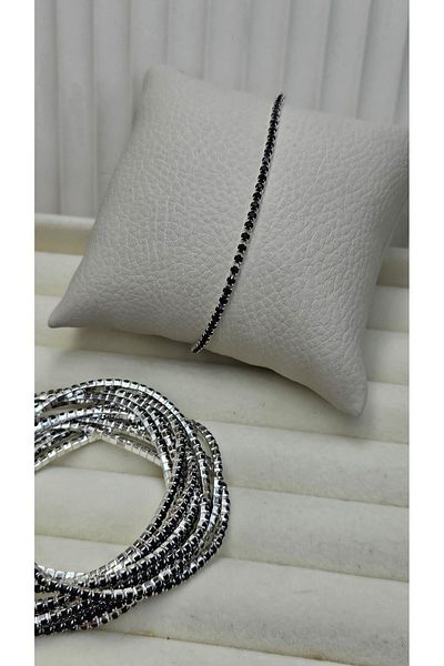 AURA Zircon Stone Rubberized Waterway Bracelet Black & Silver