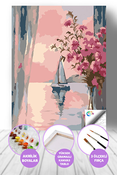 Tuvalle Gün Batımında Yelkenli Sayılarla Boyama Seti, Hobi Seti, 40X50 Tablo,...