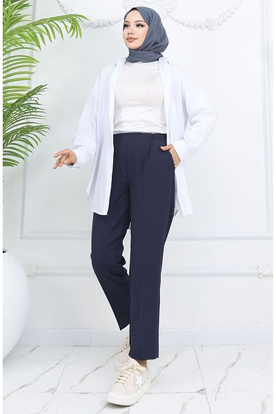 sefamerve Pantaloni de morcov cu talie elastică 4002-02 bleumarin