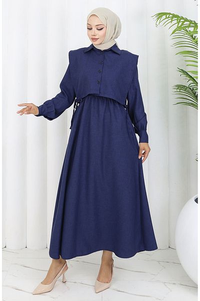 sefamerve Πουκάμισο γιακά Bolero Λεπτομερές φόρεμα 2051-01 Navy Blue