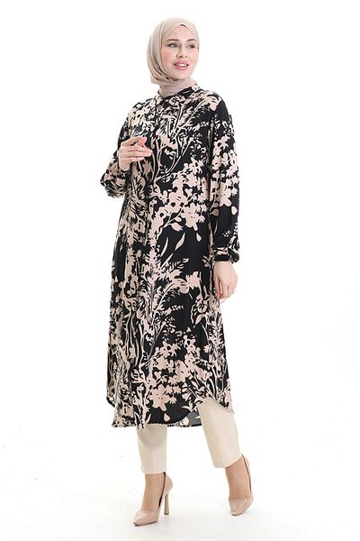sefamerve Full Button Patterned Long Tunic 0094-04 Black Mink