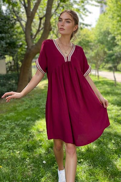 bacc Burgundy Embroidery Border Detailed Comfortable Fit Viscon Woven Dress Bcvl-2530000