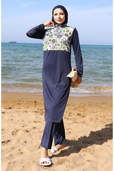 sefamerve Patterned Zippered Hijab Swimsuit 2506-01 Navy Blue Green