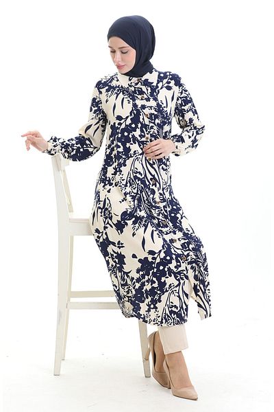 sefamerve Full Buttoned Patterned Long Tunic 0094-03 Navy Blue Beige
