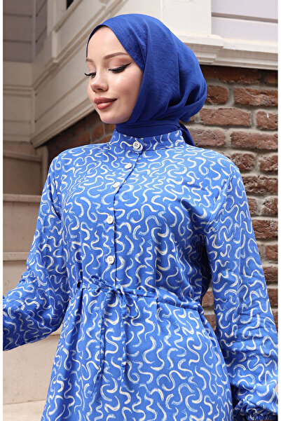 sefamerve Φόρεμα με μοτίβο με δαντέλα στη μέση 2079-04 Indigo