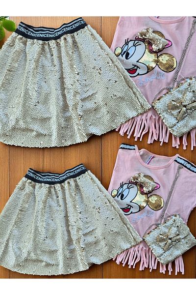 QUB CLUB Girl's Summer Sequin Skirt Bag Set Birthday Party Dress 3 Piece Set
