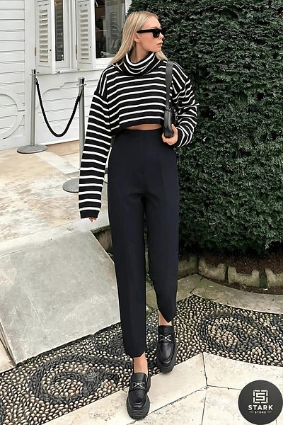 Rift Jeans High Waist Crop Boy Fabric Trousers with Clamp Detail