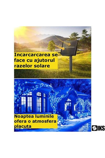 SIKS Lumină solară de Crăciun, tip șir, exterior, cu alimentare solară, LED, 12 metri, 100 LED-uri, 1200 mAh