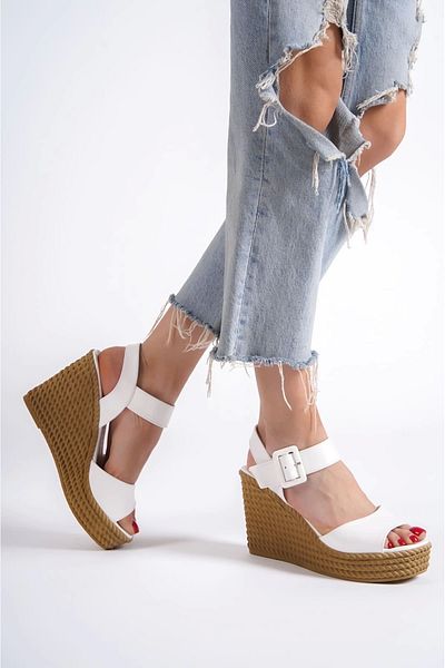 TB Terzi Bey Perla Buckle Elastic Wedge Heeled Orthopedic Sole Straw Look Γυναικεία Σανδάλια Kt - Λευκό