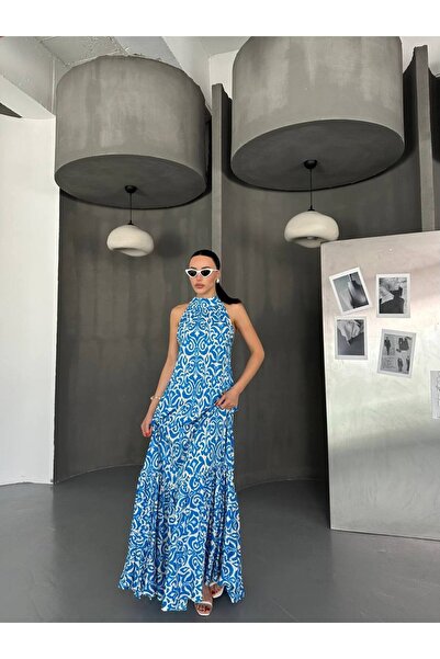Hotfashion Halter Yaka Desenli Viskon Elbise
