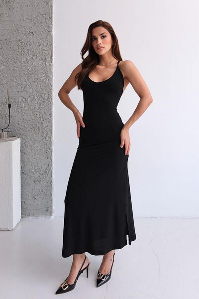 STANVİA Strappy Back Low-Cut Slit Midi Dress Black