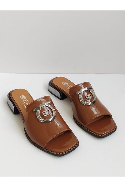 ERS Air Comfort Tan Genuine Shiny Patent Leather Women's Stylish Heeled Slippers with Metal Buckle Heel Detail