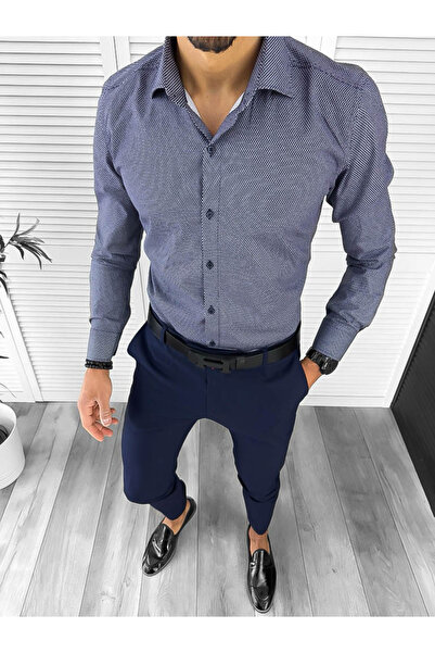 dehaine Men's shirt, elegant, navy blue with print, 13007