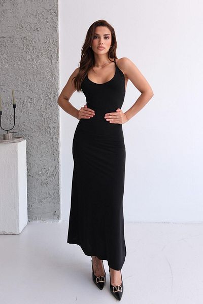 STANVİA Strappy Back Low-Cut Slit Midi Dress Black