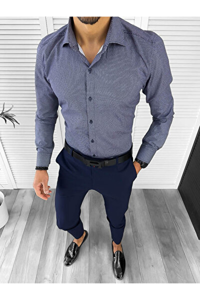 dehaine Men's shirt, elegant, navy blue with print, 13007