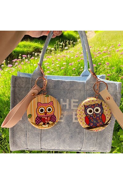 DKY Owl Pattern Bag Pocket Mirror Keychain Bag Charm