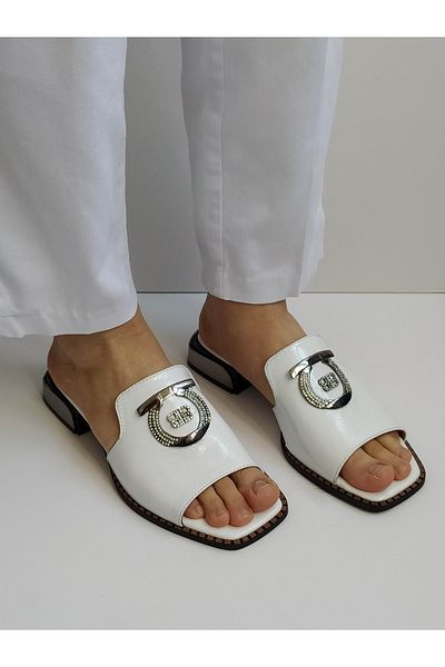 ERS Air Comfort White Genuine Shiny Patent Leather Women's Stylish Heeled Slippers with Metal Buckle Heel Detail