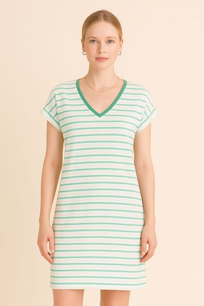 trendalisse Women's Khaki Striped V Neck Wide Fit Casual Summer Dress